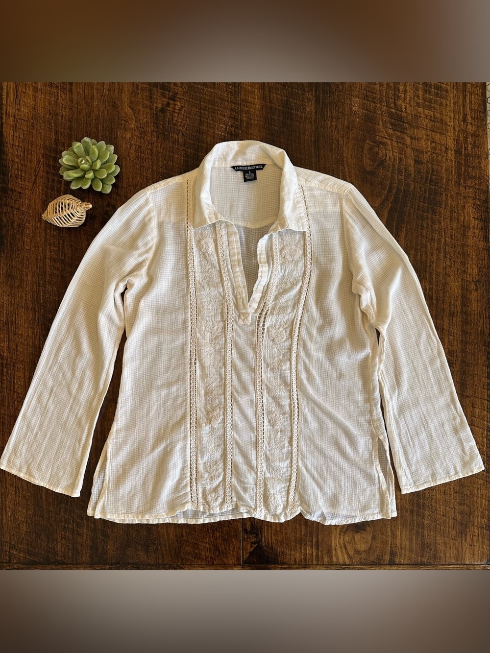 Lucee & Ethel | Cream Embroidered 100% Cotton Boho Collared Blouse, Size S
